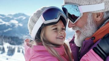 A little girl and an older man wearing ski goggles photo