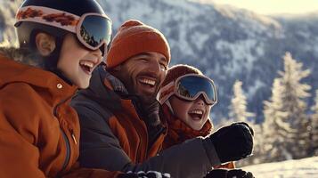 A family of four is smiling while skiing photo