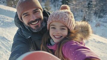 A man and a young girl taking a selfie in the snow photo