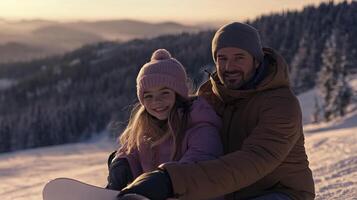 A man and a woman sitting on a snowboard photo