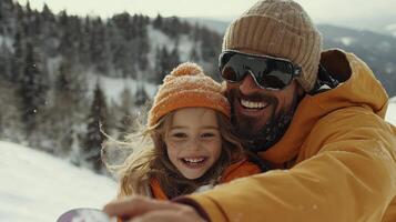 A man and a little girl are taking a selfie photo