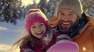 A man and a young girl are taking a selfie in the snow photo