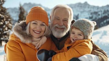 An older couple and their child are smiling in the snow photo