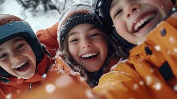 Three children in snow gear taking a selfie photo