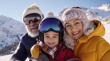 An older couple and their child are posing for a photo in the snow
