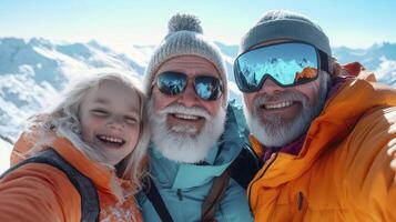 An older man and two children taking a selfie photo