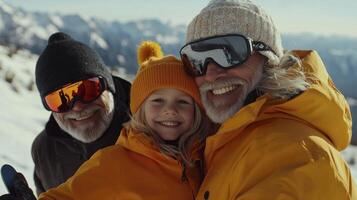 An older man and a young girl are smiling while standing on a snowy mountain photo