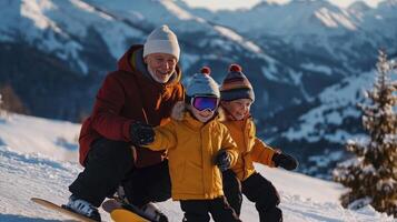 A man and two children on a snowboard photo