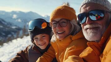 An older couple and their two children are taking a selfie photo