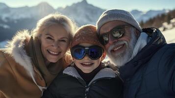 An older couple and their young daughter are taking a selfie photo