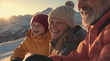 A family enjoying the snow in the mountains photo