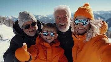 A family taking a selfie on the slopes photo