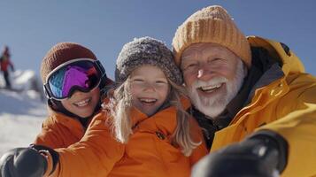 A family taking a selfie on the slopes photo