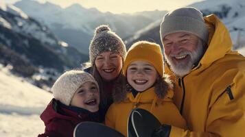 A family is posing for a picture in the snow photo