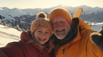 An older man and young girl taking a selfie photo