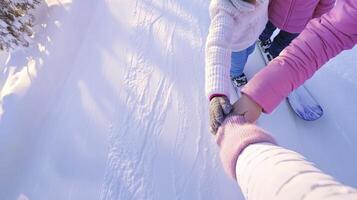 A group of people holding hands while riding snowboards photo