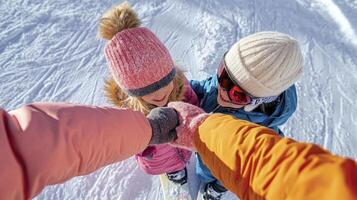 Three people are holding hands while standing on skis photo