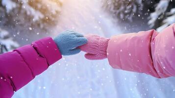 Two people holding hands in the snow photo