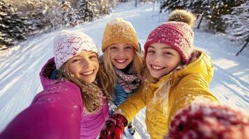 Three girls taking a selfie in the snow photo