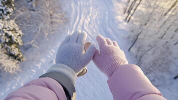 Two hands in pink gloves holding up a snow covered road photo