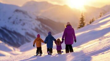 A family walking on a snowy mountain photo