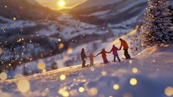 Family on snowboard in the mountains at sunset photo