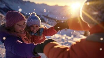 Three children are having fun in the snow photo