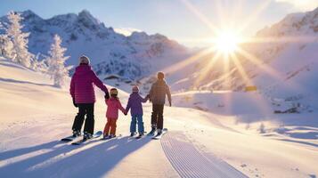 A family is walking on the snow with skis photo