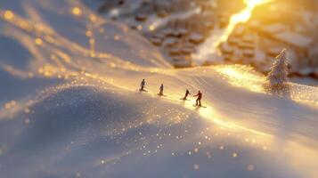 A group of people skiing down a snowy hill photo