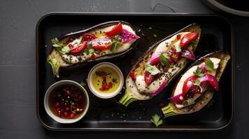 Baked eggplant stuffed with cheese and herbs photo