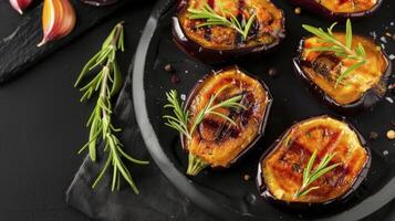 Grilled eggplant with rosemary and garlic on a black plate photo