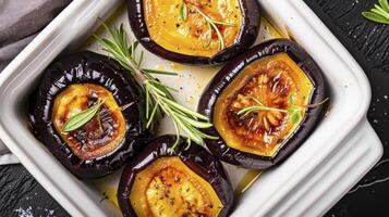 A white dish with four eggplant slices photo