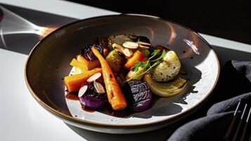 A plate of food with a glass of wine photo