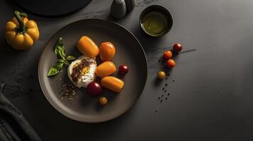 A plate with tomatoes and cheese on it photo