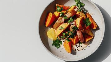 A plate of food with potatoes, carrots and herbs photo