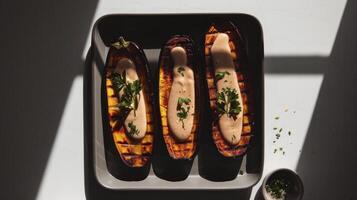 Grilled eggplant with a creamy sauce photo