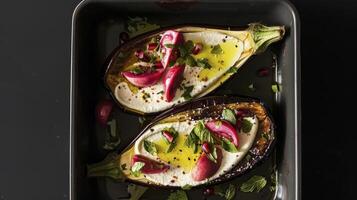Two eggplant halves with goat cheese and radishes photo