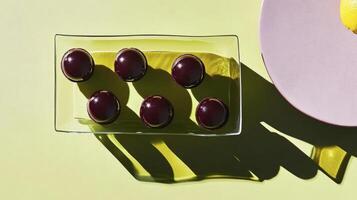 A glass plate with four red eggs and a lemon photo