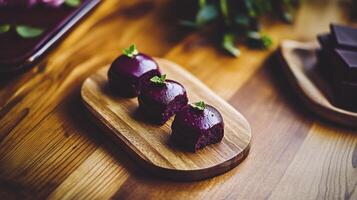 Three small pieces of chocolate on a wooden tray photo