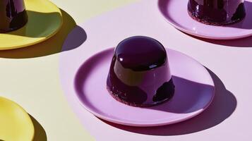 A purple jelly on a pink plate with yellow and pink plates photo