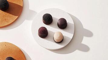 Three chocolate eggs on white plates photo