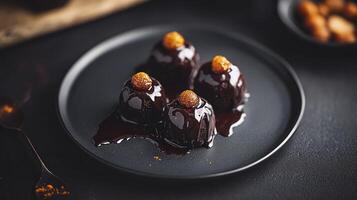 Three chocolate covered balls sit on a black plate photo