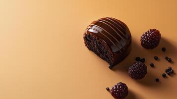 Chocolate cake with raspberries on a yellow background photo