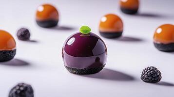 A group of chocolate eggs with blackberries on top photo