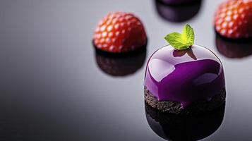 A dessert with purple frosting and strawberries photo