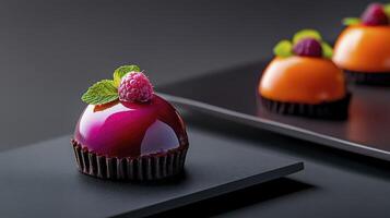 A dessert on a black plate photo