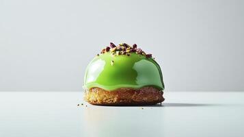 A green pastry with a sprinkling of icing photo