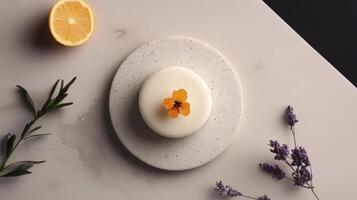 A white plate with an orange flower on it photo