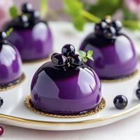 A plate of purple desserts with berries on top photo