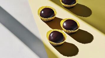 Four chocolate covered candies on a yellow surface photo